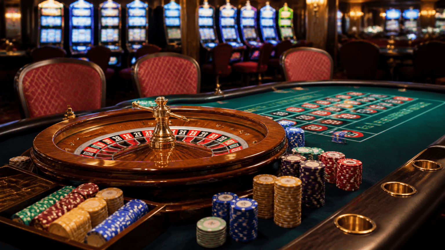 Casino gaming table with roulette, chips, and slot machine theme