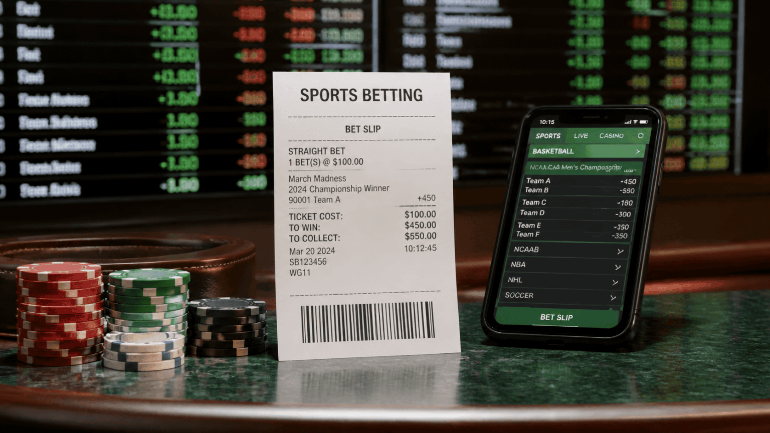 Sports betting slip and phone display on a casino table