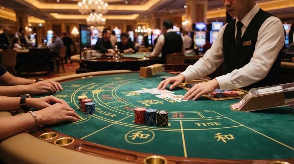 Bàn bài baccarat trực tuyến với các phỉnh cược và lá bài tây trên mặt bàn xanh