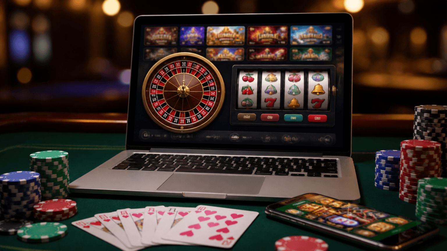 Online casino Singapore gaming setup on a laptop with cards and slot reels