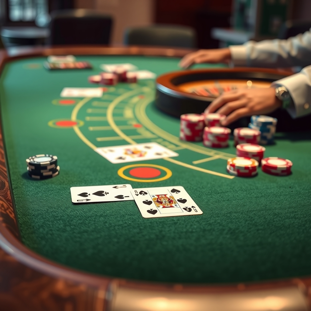 Evaluating the Best Online Casino Sites Singapore Offers A close-up shot of a green blackjack table with casino chips and cards.