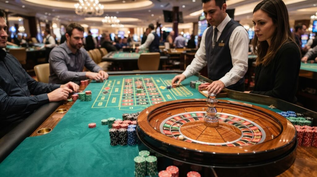 A vibrant green felt casino roulette table featuring chips and a spinning roulette wheel.