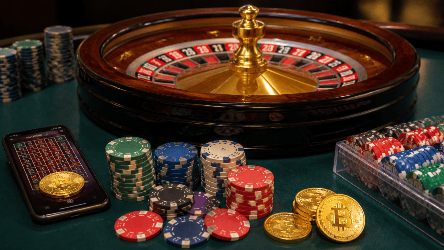 Casino table with a phone showing a crypto casino online game