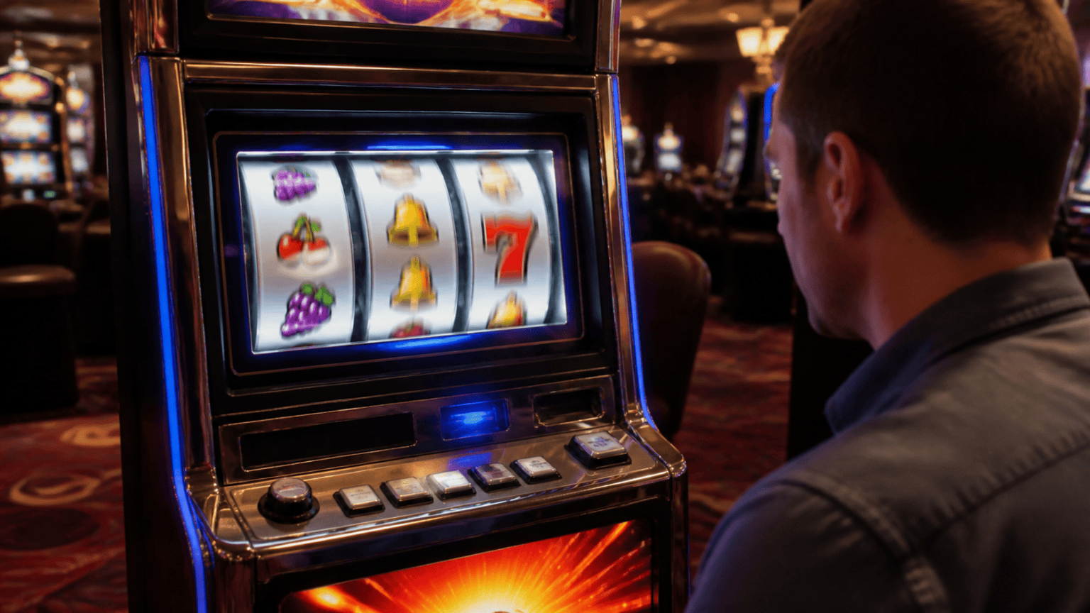 Máy trò chơi quay thưởng với các cuộn biểu tượng trong không gian casino