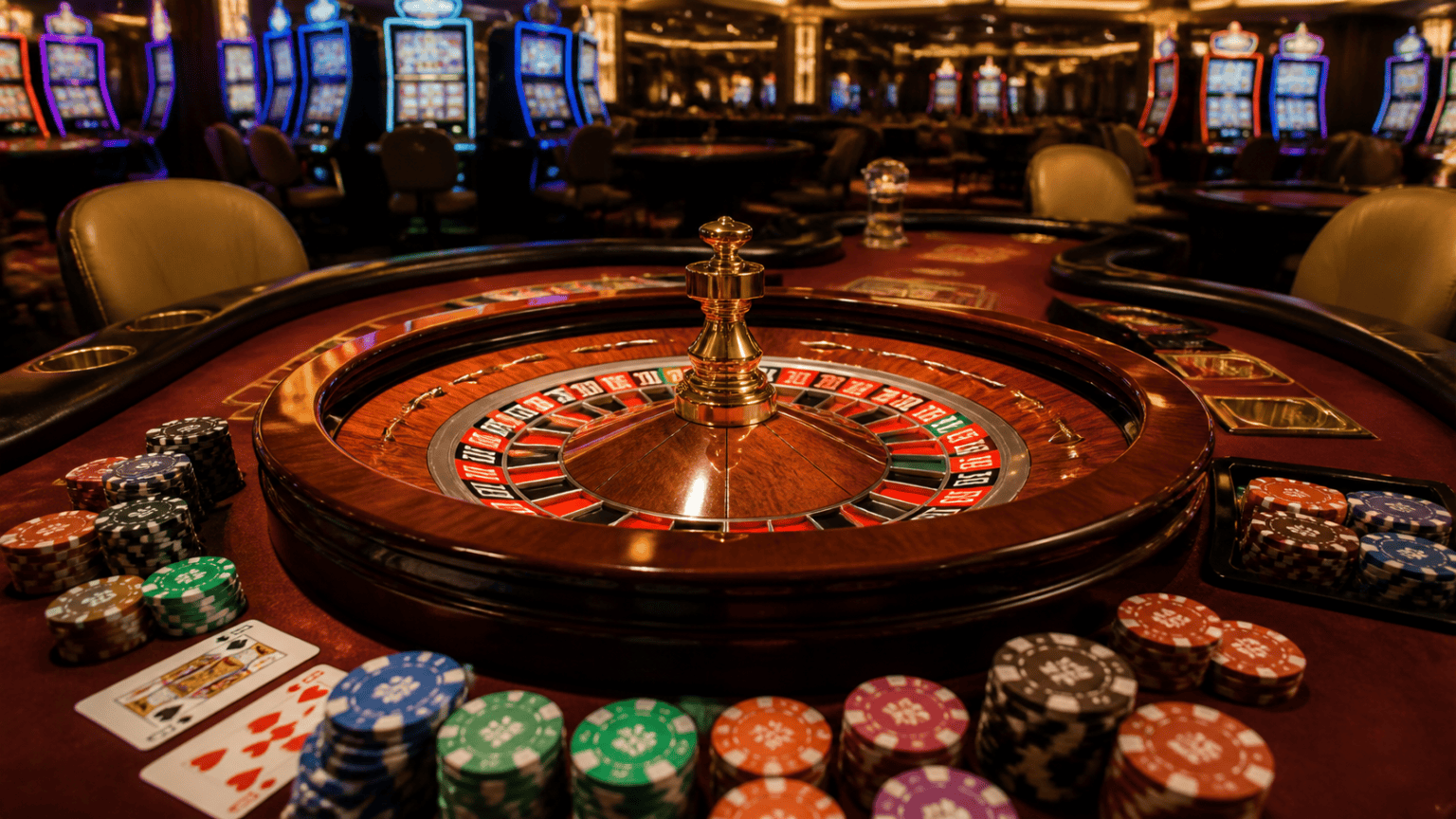 Casino roulette table with cards and chips