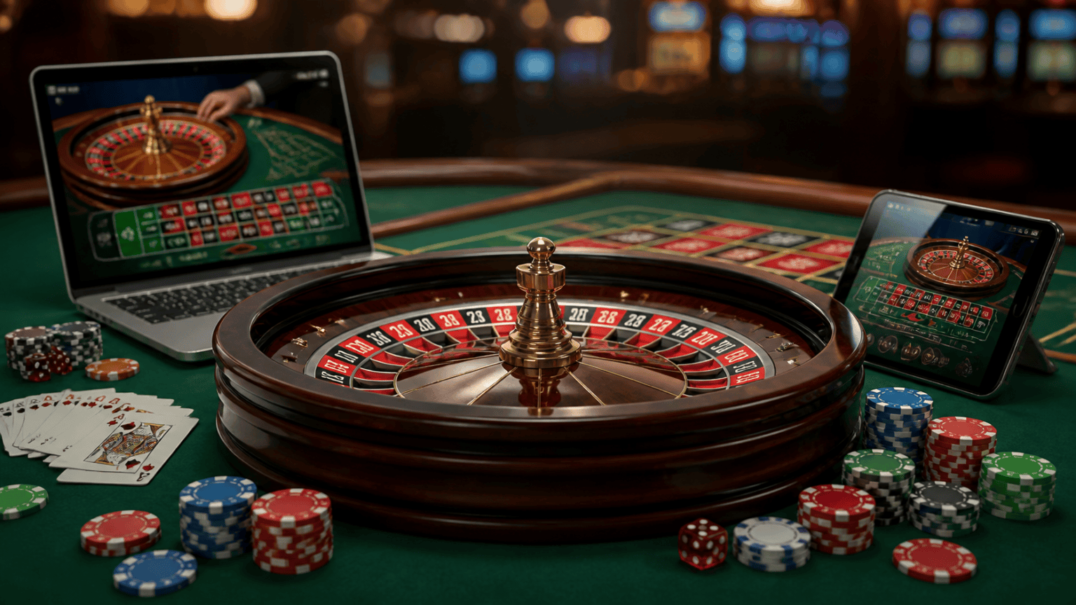 Online casino Malaysia gaming setup with cards, chips, and roulette
