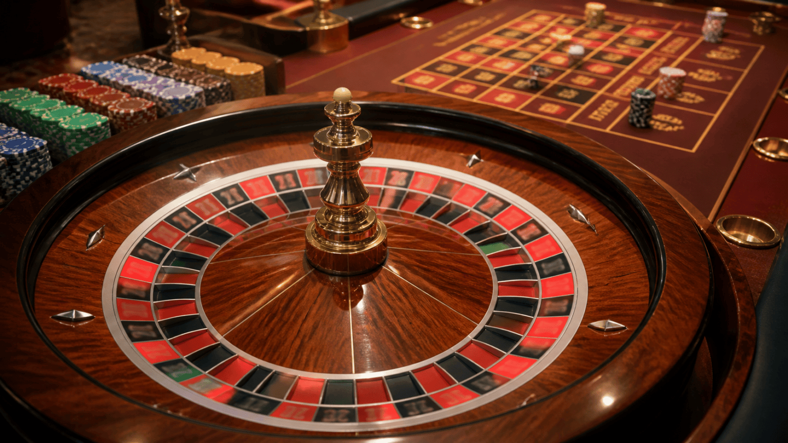 Roulette wheel and betting layout on a casino table