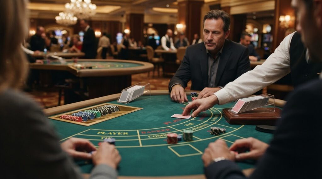 Tìm Hiểu Luật Chơi Và Chiến Thuật Baccarat Game Chi Tiết Bàn chơi baccarat game tại sòng bài với thẻ bài và chip cược