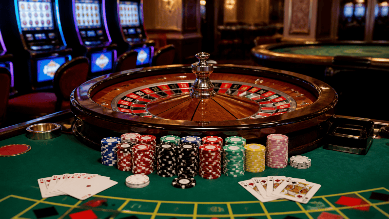 Casino gaming setup with roulette wheel and cards